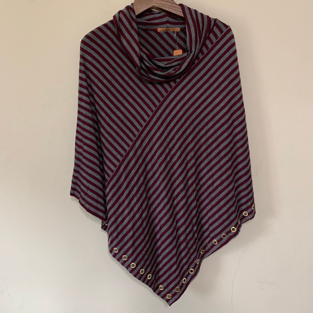 Belldini Burgundy/Gray Strip Gold Grommet Accent Poncho NWT Size 0x/1x